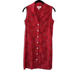 Talbots Linen Blend Sleeveless Bandana Print Midi Shift Shirt Dress, Red, Sz 2P
